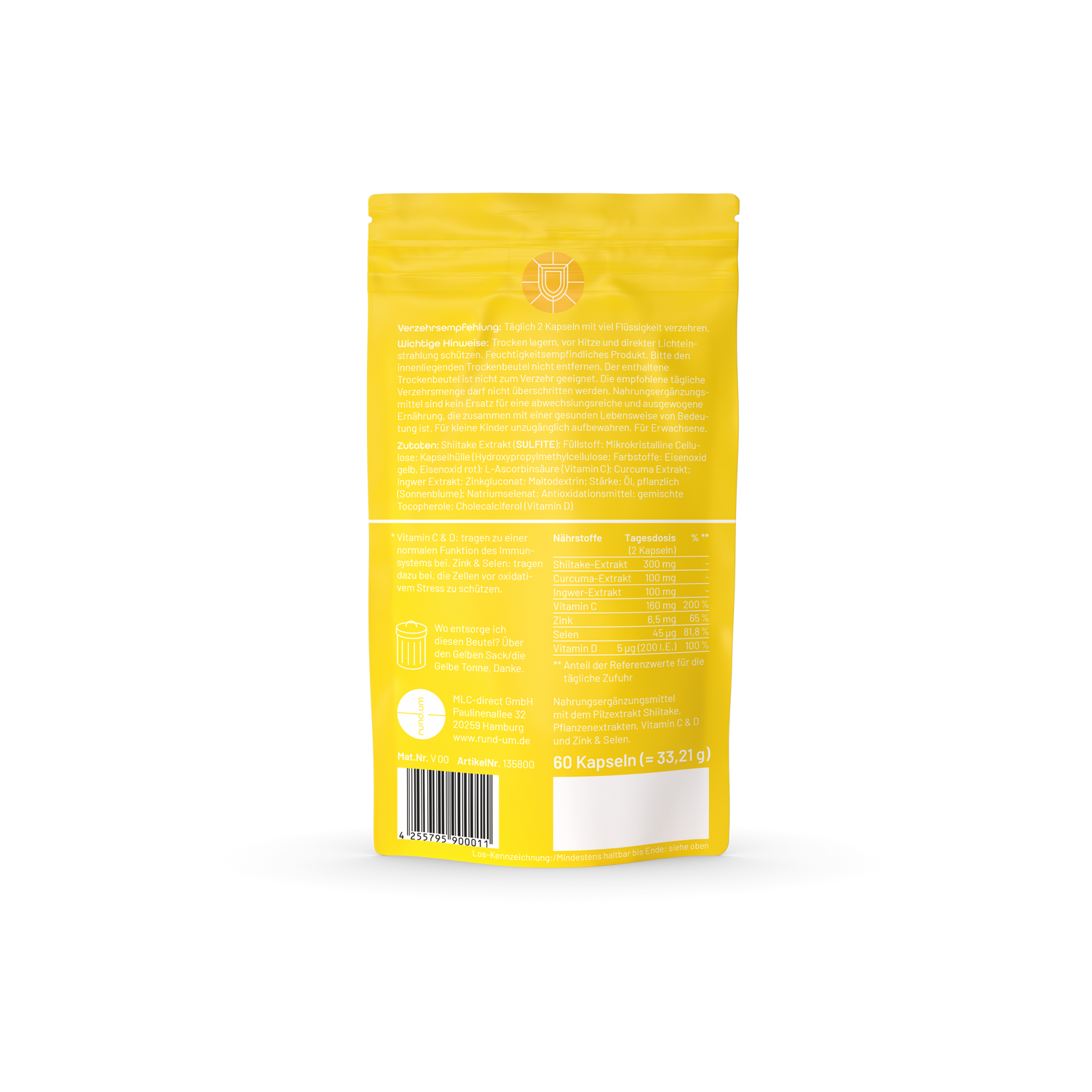 Rückseite von rund.um® immune - Nahrungsergänzungsmittel mit Shiitake um die Abwehrkräfte und das Immunsystem zu stärken