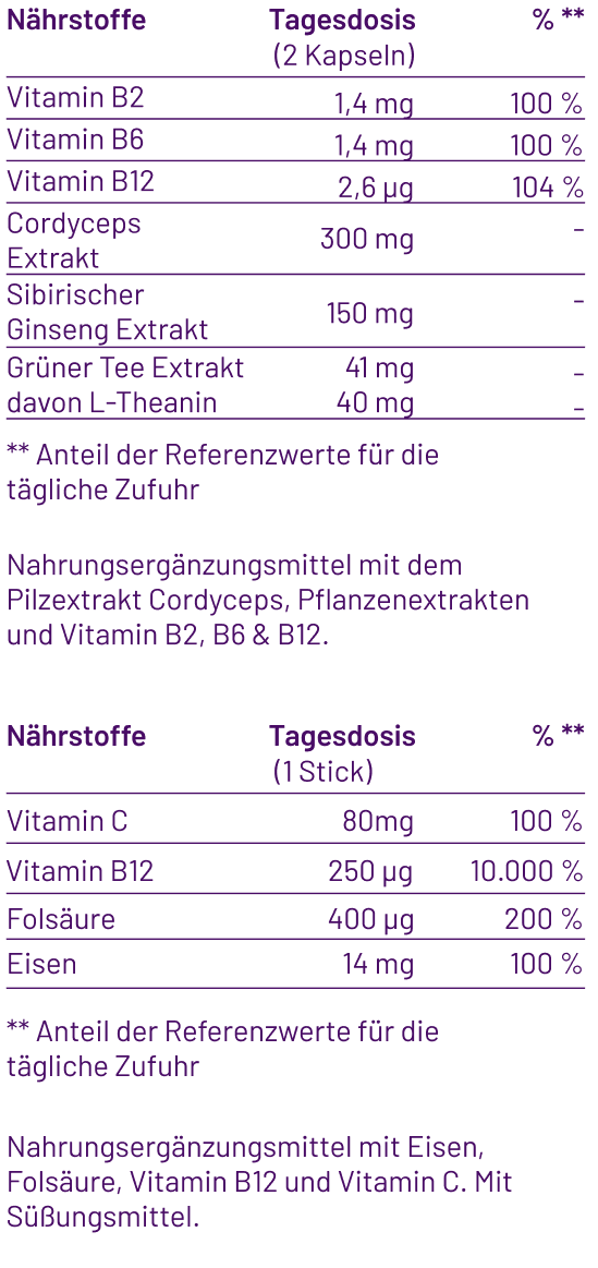 Inhalsttoffe energy Kapseln und focus sticks