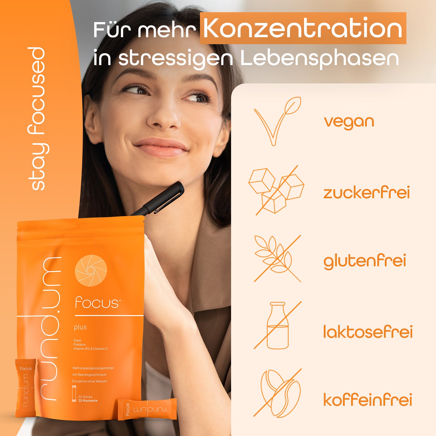 rund.um focus Sticks sind vegan, zuckerfrei, glutenfrei und laktosefrei