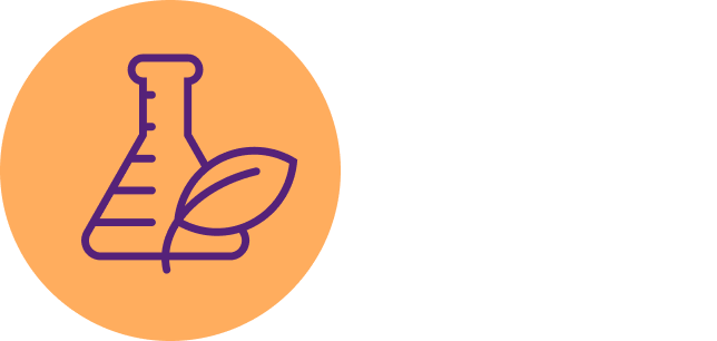 Icon Phytokomponenten. Orangenes rundes Icon mit lila Reagenzglas und einem Blatt in der Mitte