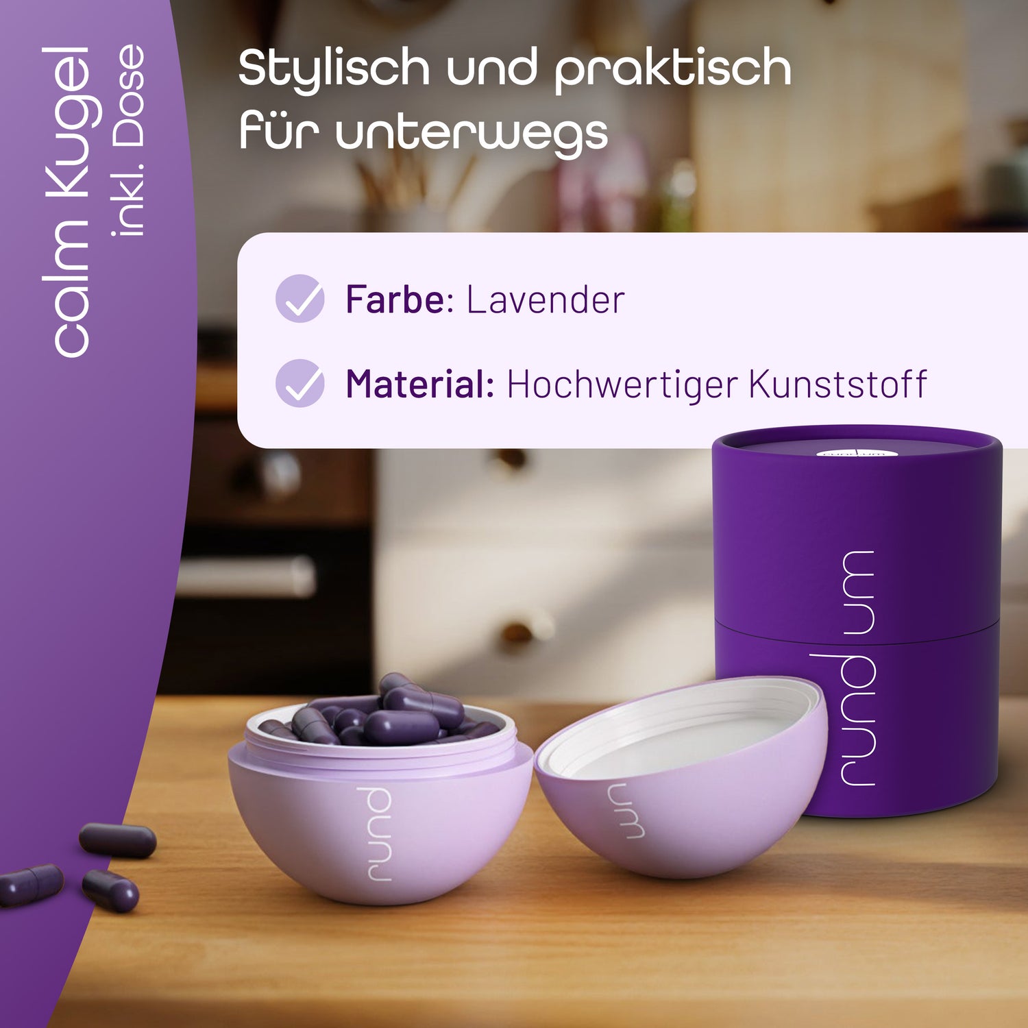 die rund.um calm Kugel inklusive Dose ist in der Farbe lavender und aus hochwertigem Kunststoff.