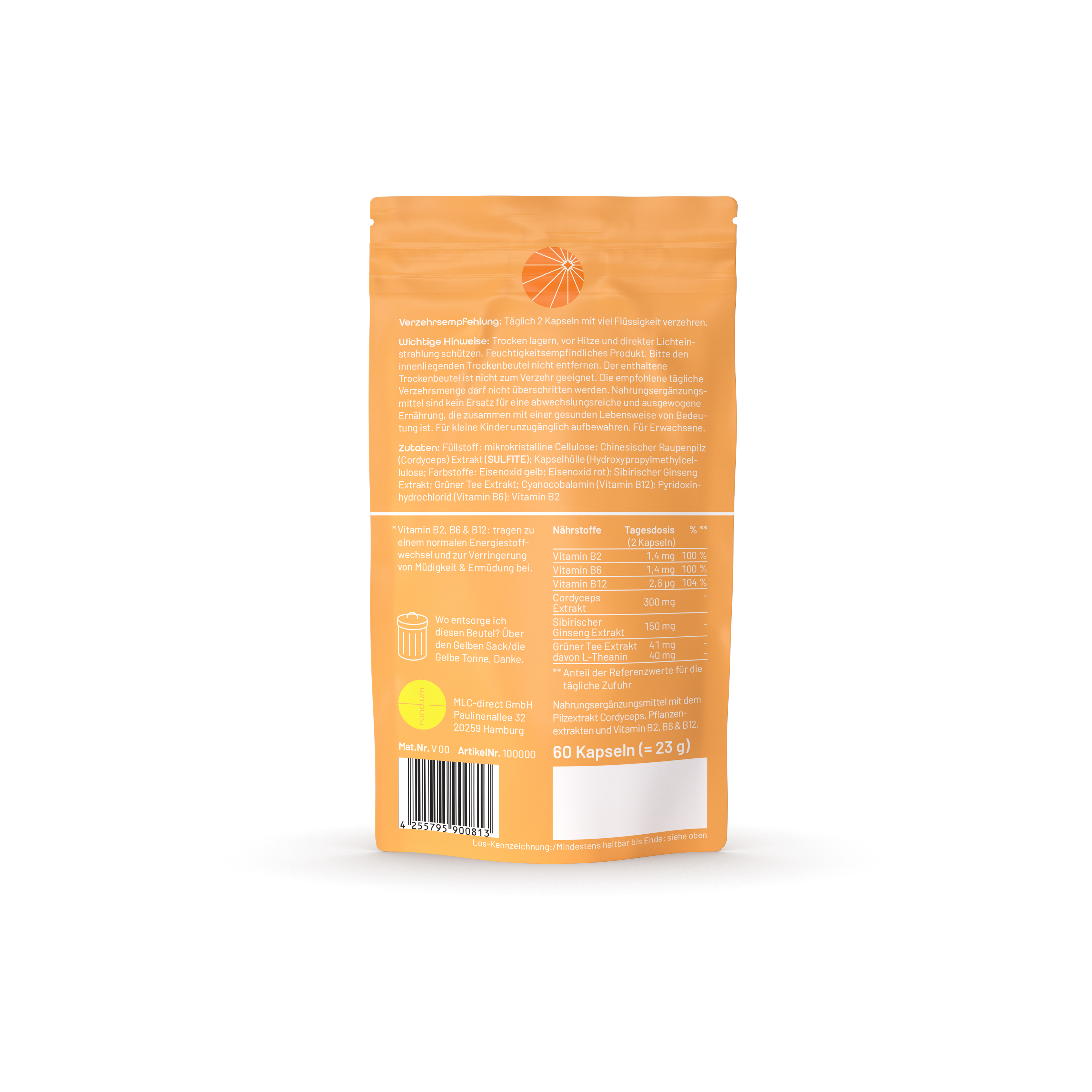 Rückseite rund.um® energy - Nahrungsergänzungsmittel mit Cordyceps bei Müdigkeit und Erschöpfung