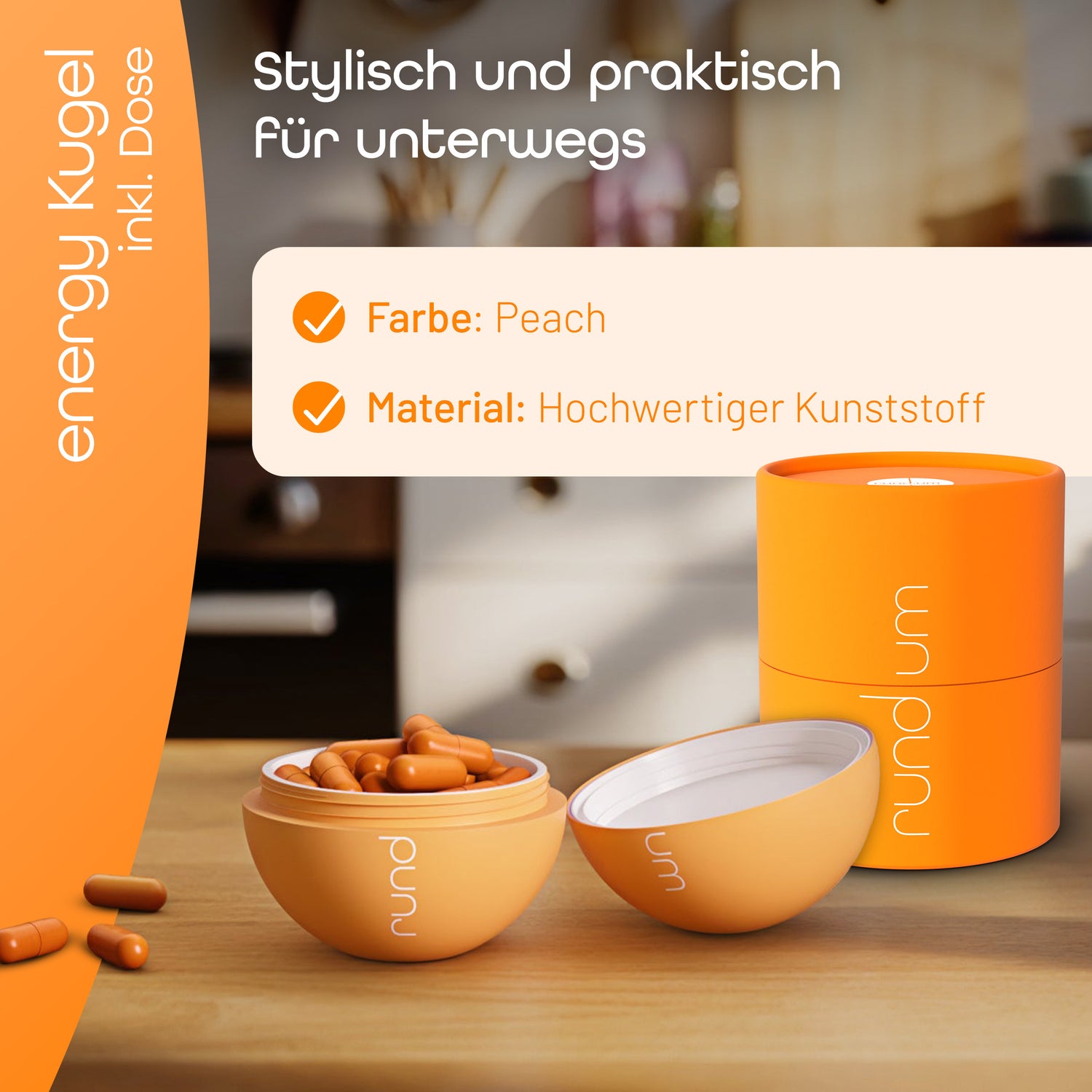 die rund.um energy Kugel inklusive Dose ist in der Farbe peach und aus hochwertigem Kunststoff.