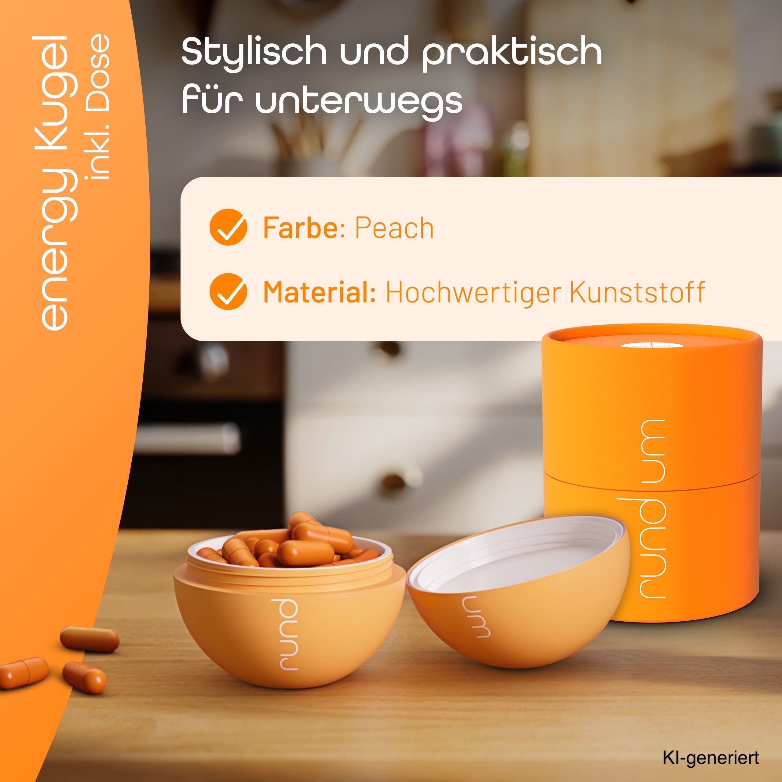 die rund.um energy Kugel inklusive Dose ist in der Farbe peach und aus hochwertigem Kunststoff.