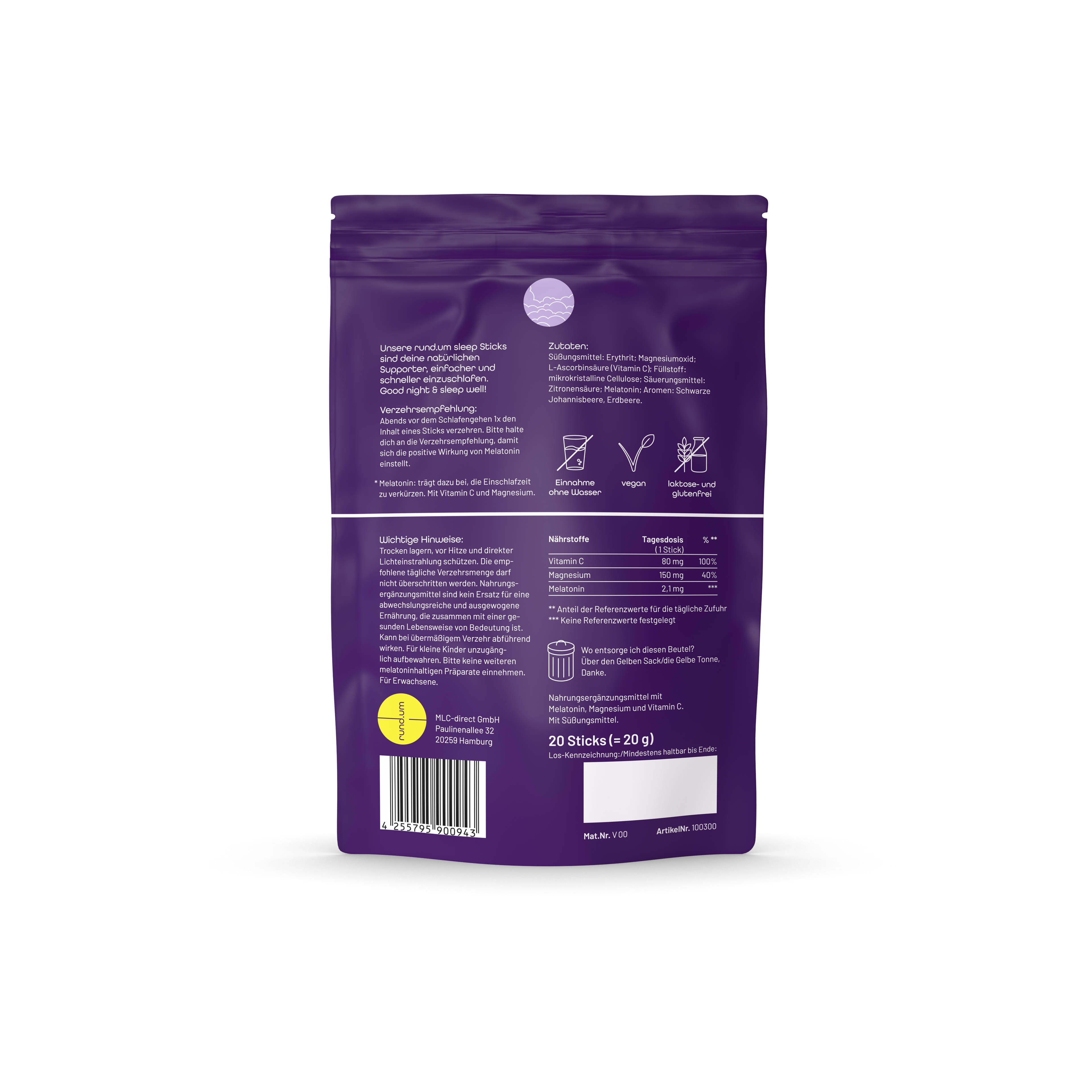 Rückseite von rund.um® sleep - Nahrungsergänzungsmittel mit Melatonin Pulver gegen Schlafmangel und Schlaflosigkeit