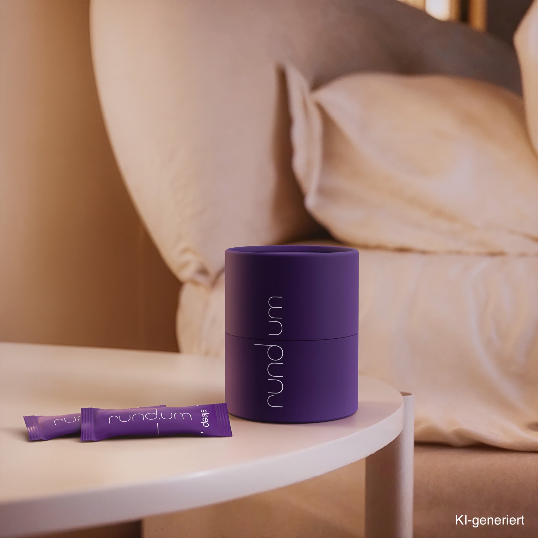 Nahrungsergänzungsmittel ‚sleep plus‘ von rundum mit lila Dose und Stick-Packungen auf einem Nachttisch