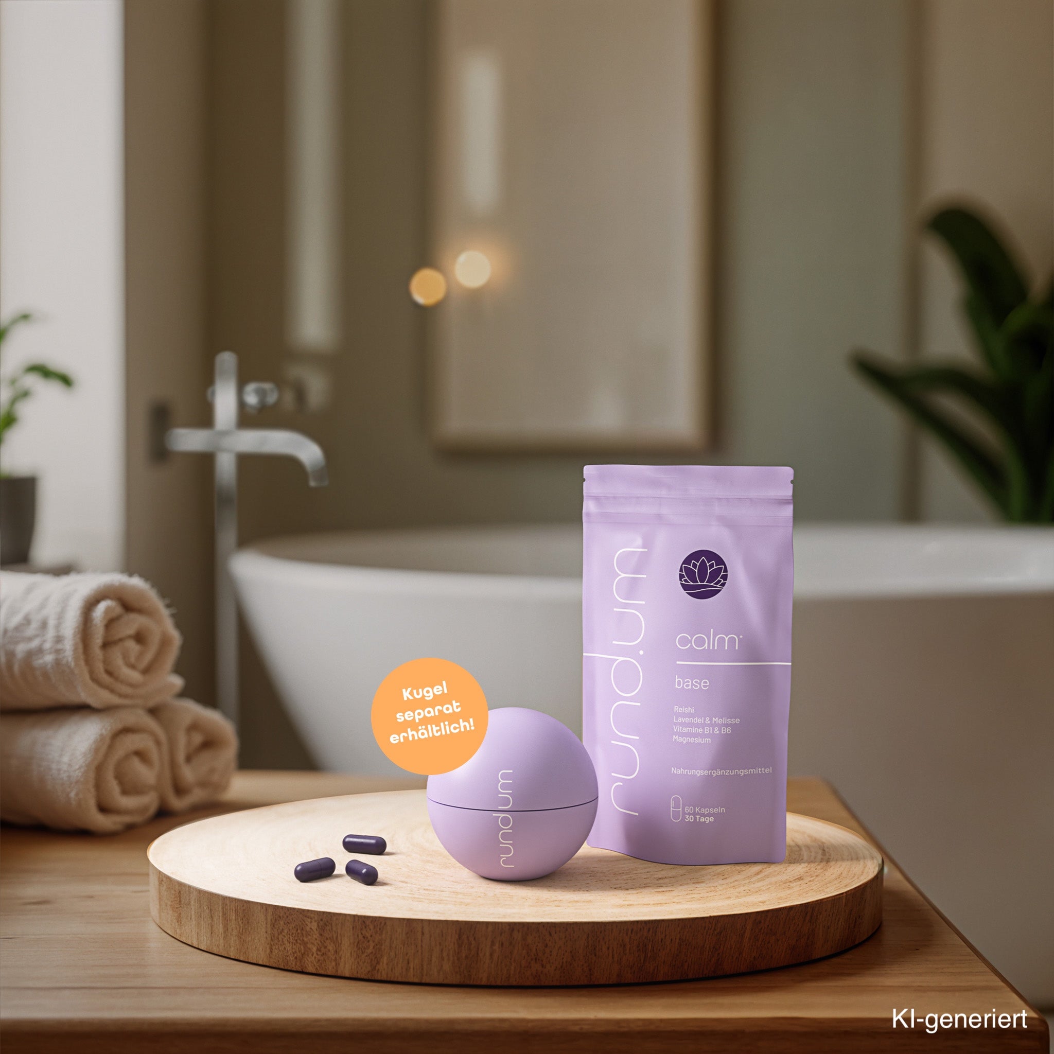 Nahrungsergänzungsmittel ‚calm base‘ von rundum in hellvioletter Verpackung, präsentiert auf Holztablett im Badezimmer mit separater Kugel