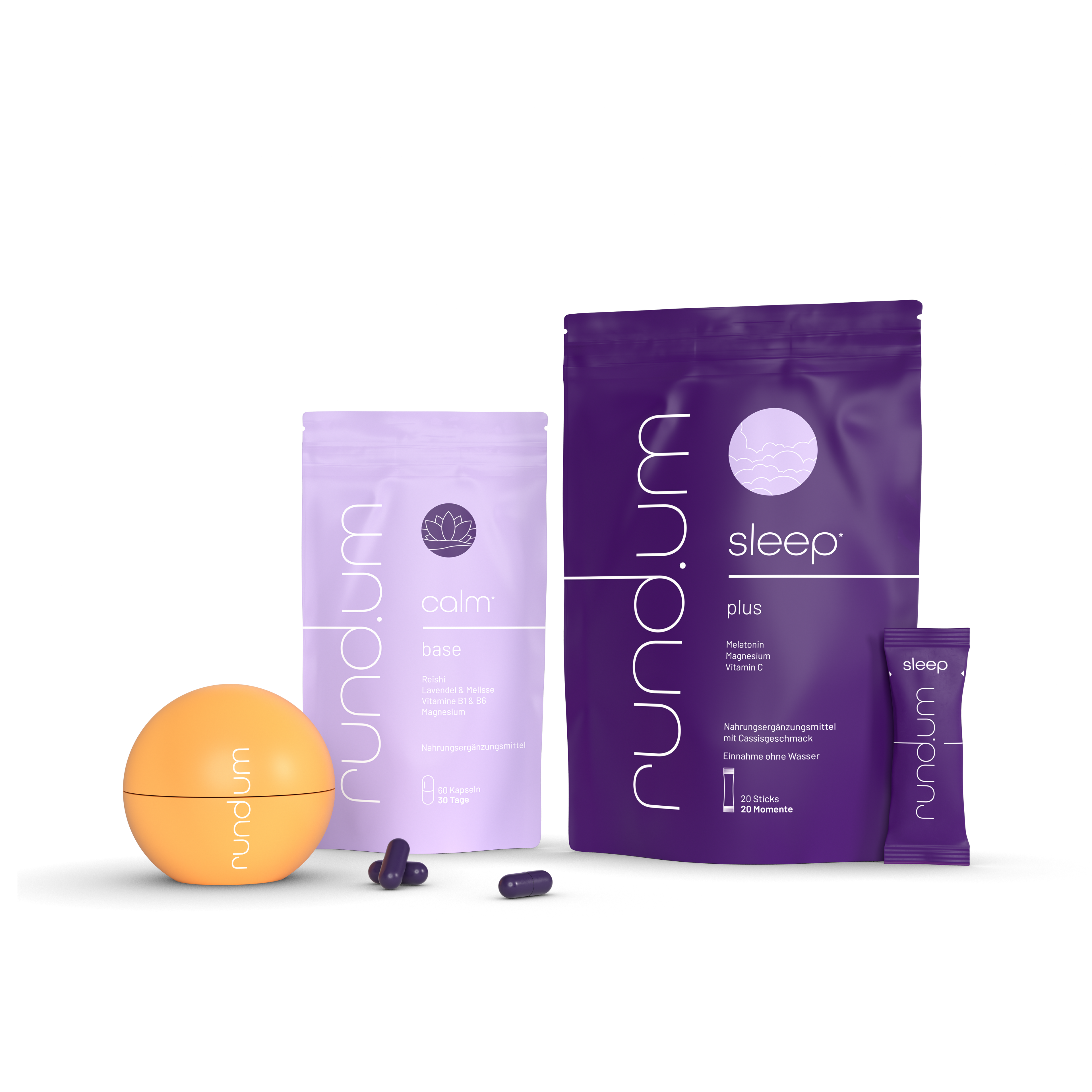rund.um calm base Kapseln mit der energy Kugel und den sleep plus sticks