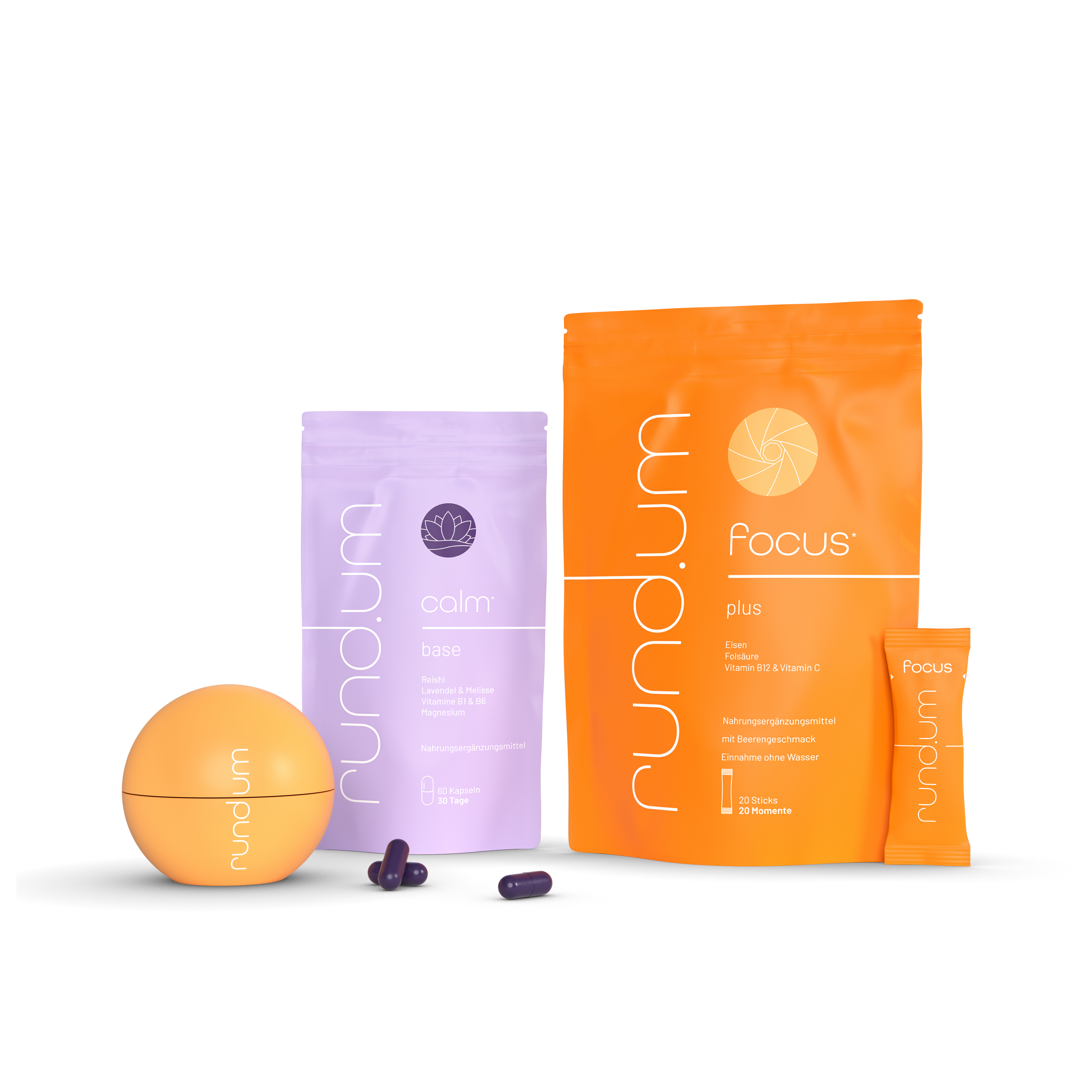 rund.um calm base Kapseln mit der energy Kugel und den focus plus sticks