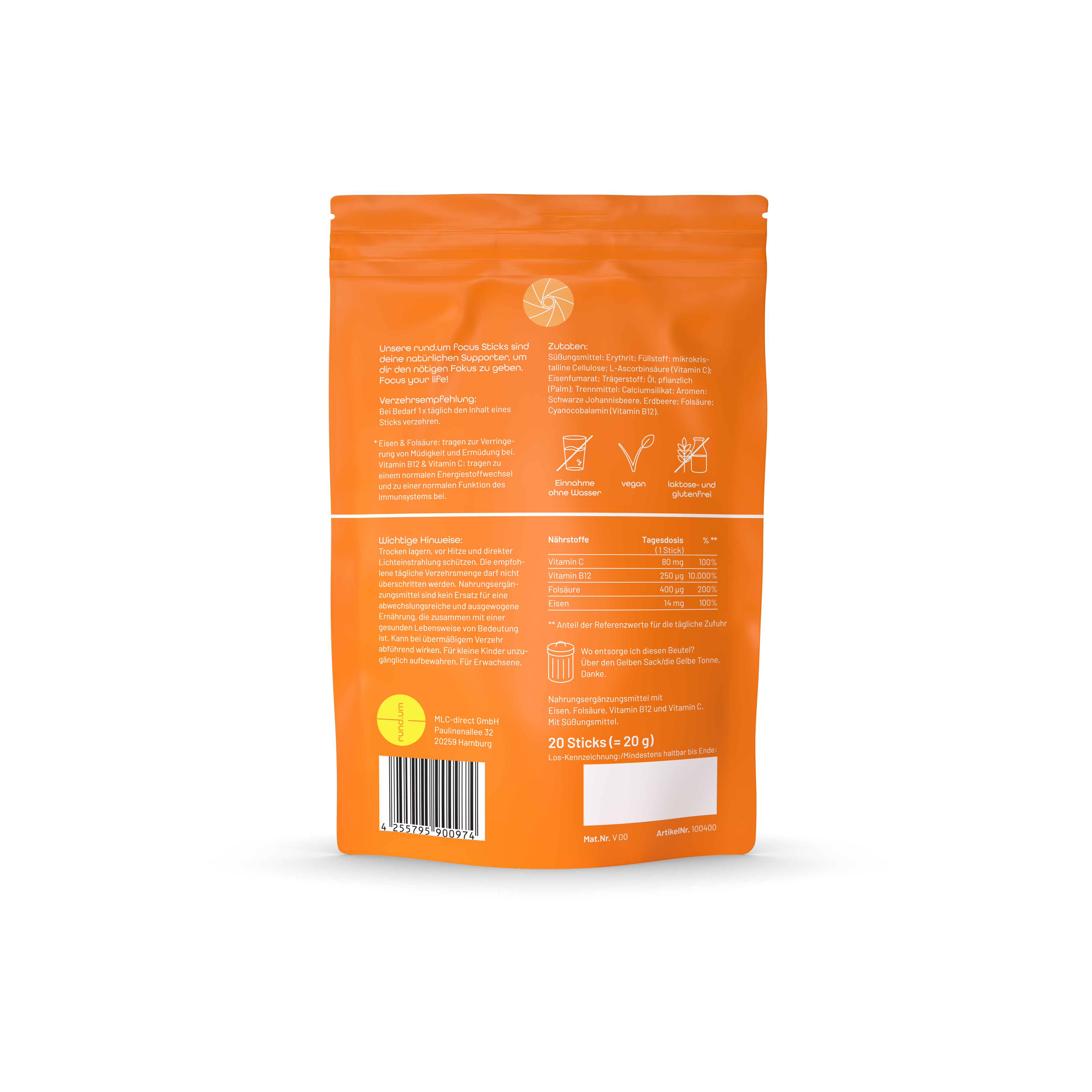 Rückseite der Verpackung von rund.um® focus - Nahrungsergänzungsmittel gegen Konzentrationsstörungen und für die Gedächtnisverbesserung