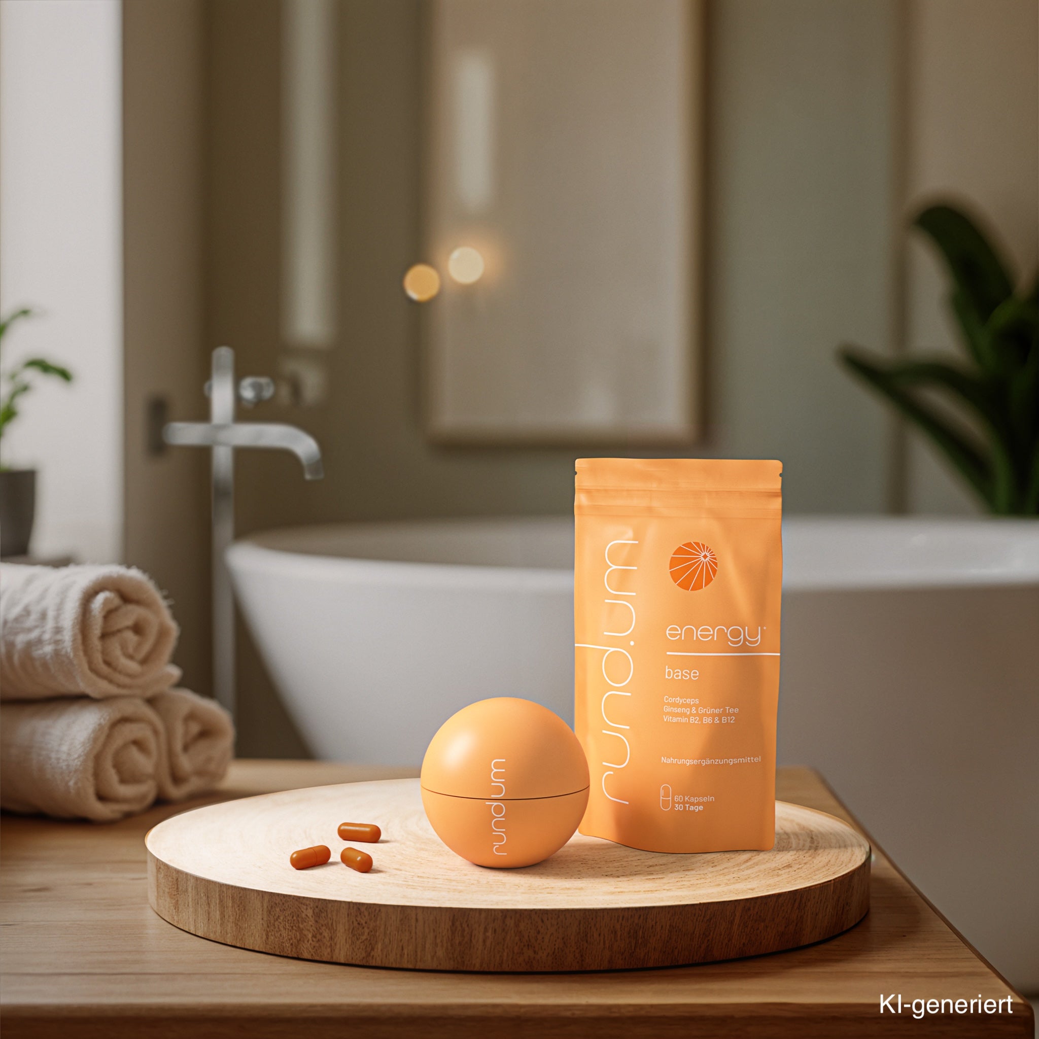 Nahrungsergänzungsmittel ‚energy base‘ von rundum in orangener Verpackung, präsentiert auf Holztablett im Badezimmer