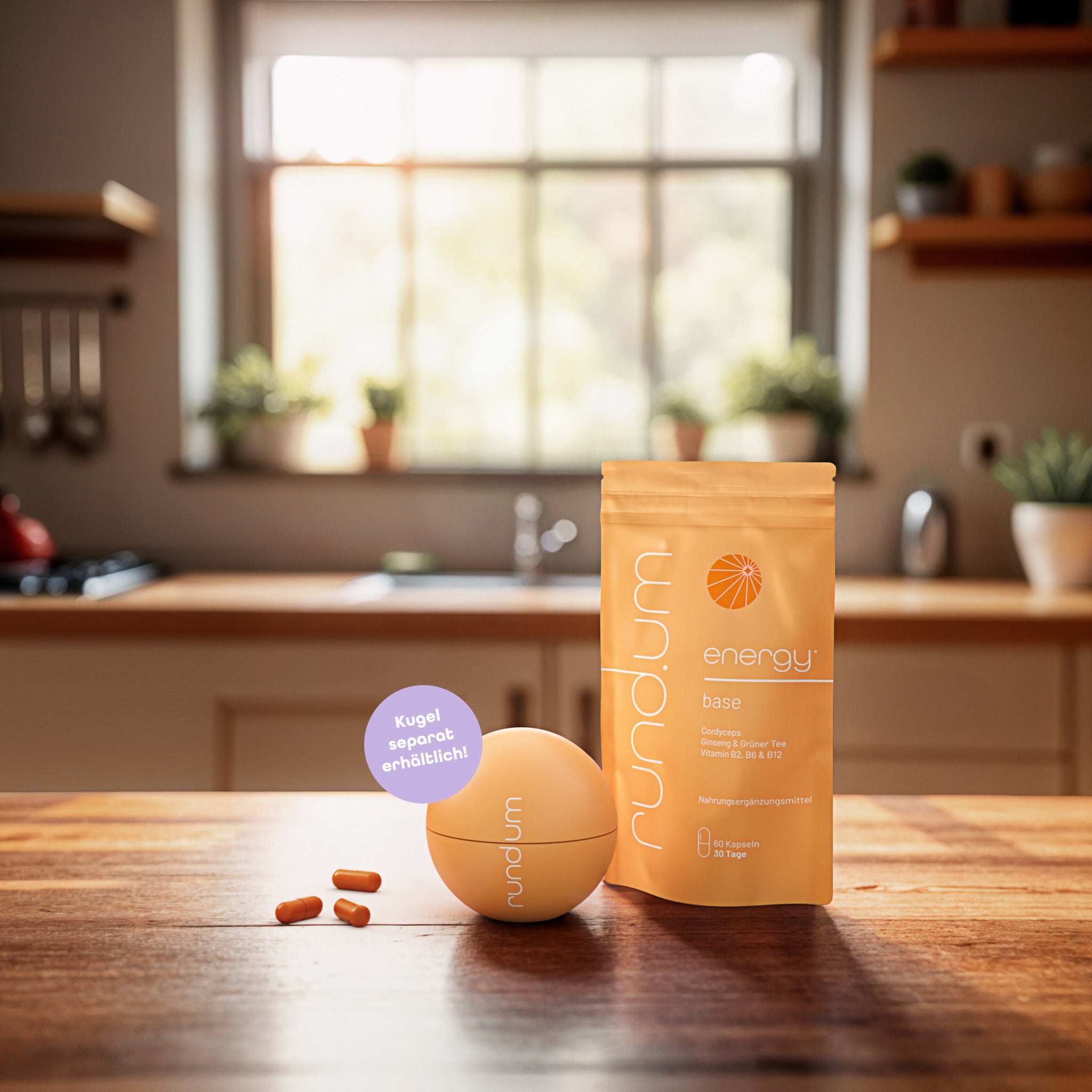 rund.um® energy - Nahrungsergänzungsmittel mit Cordyceps gegen Müdigkeit und Erschöpfung in einer Küche