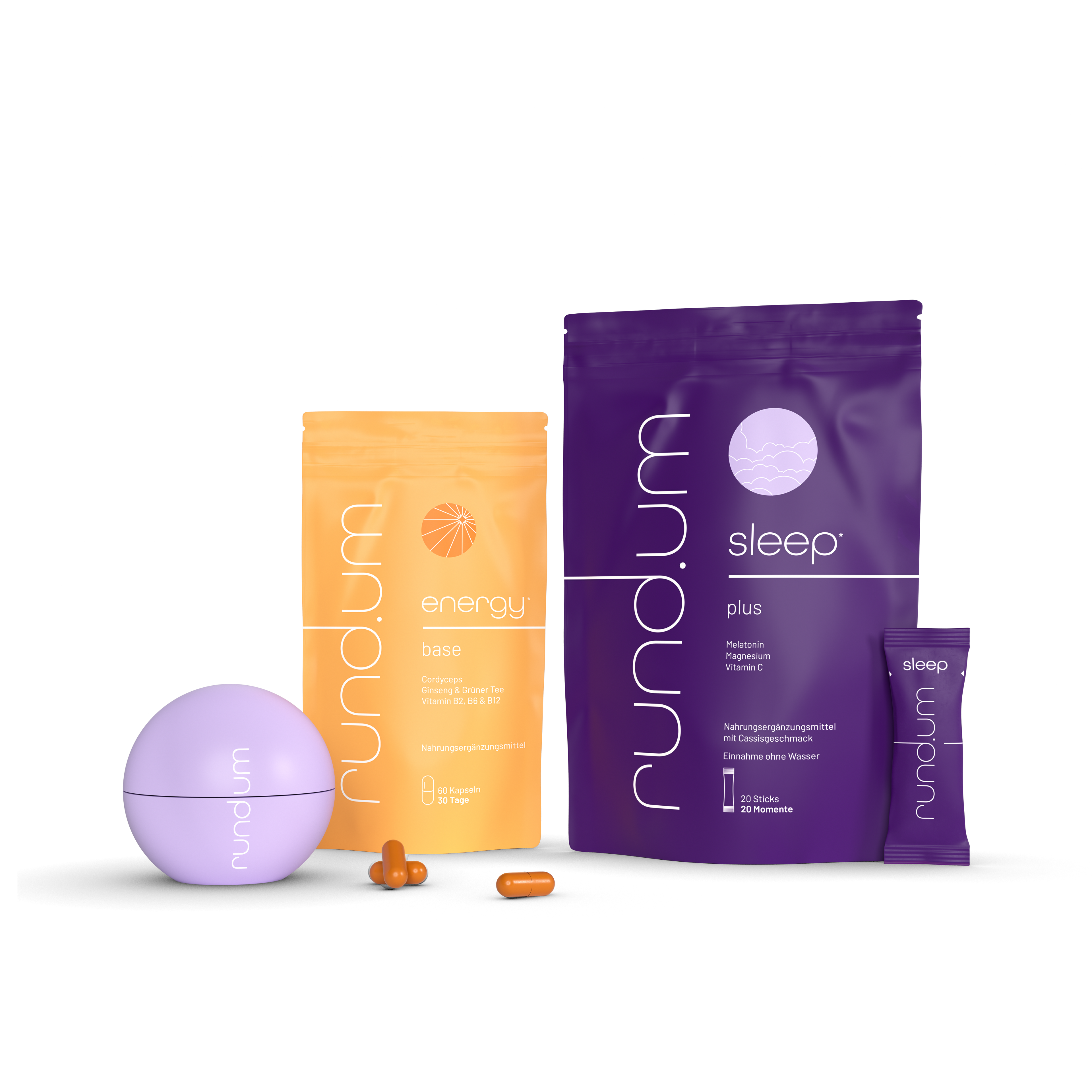 rund.um energy base Kapseln mit der calm Kugel und den sleep plus sticks