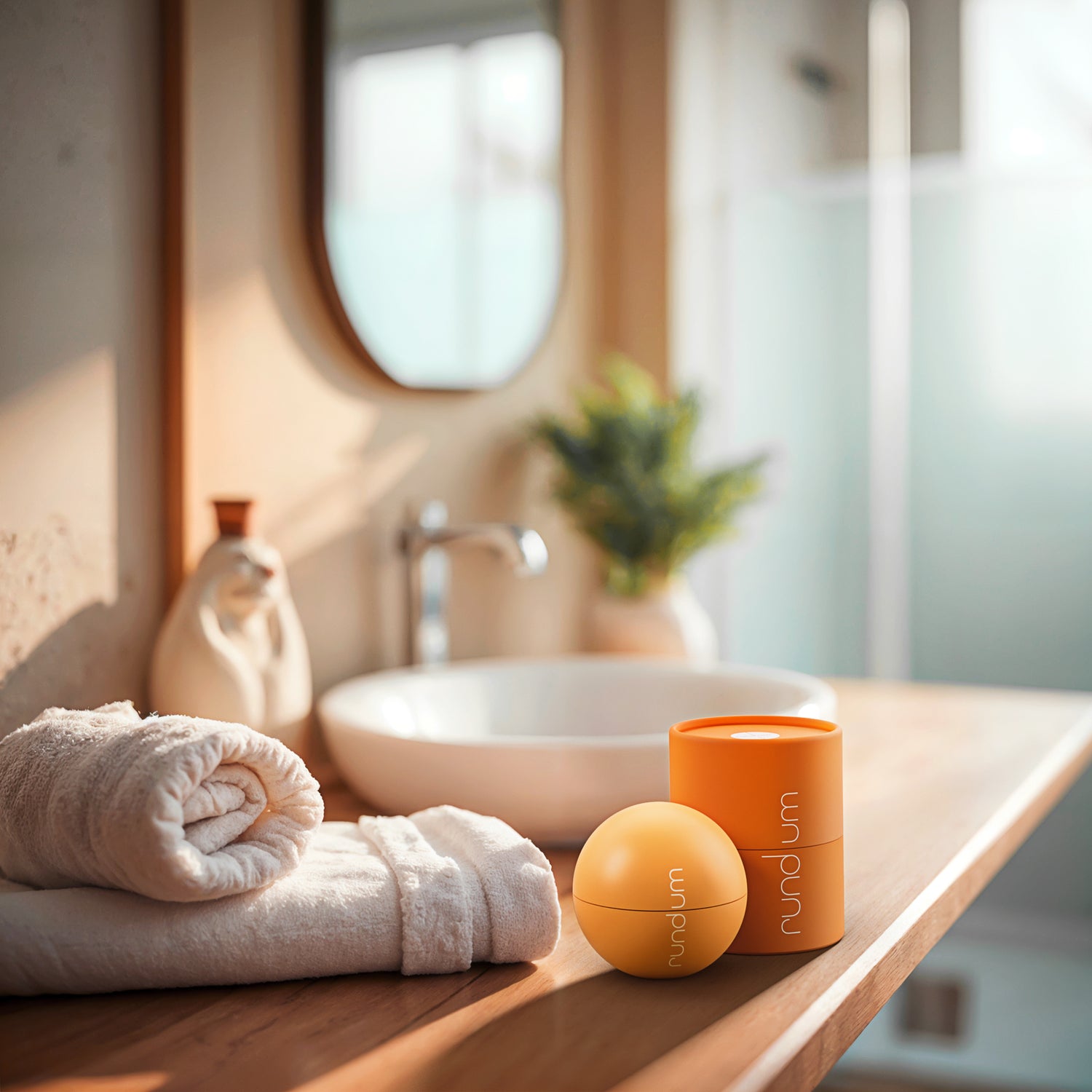 rund.um energy Kugel mit Dose im Bad neben einem Waschbecken