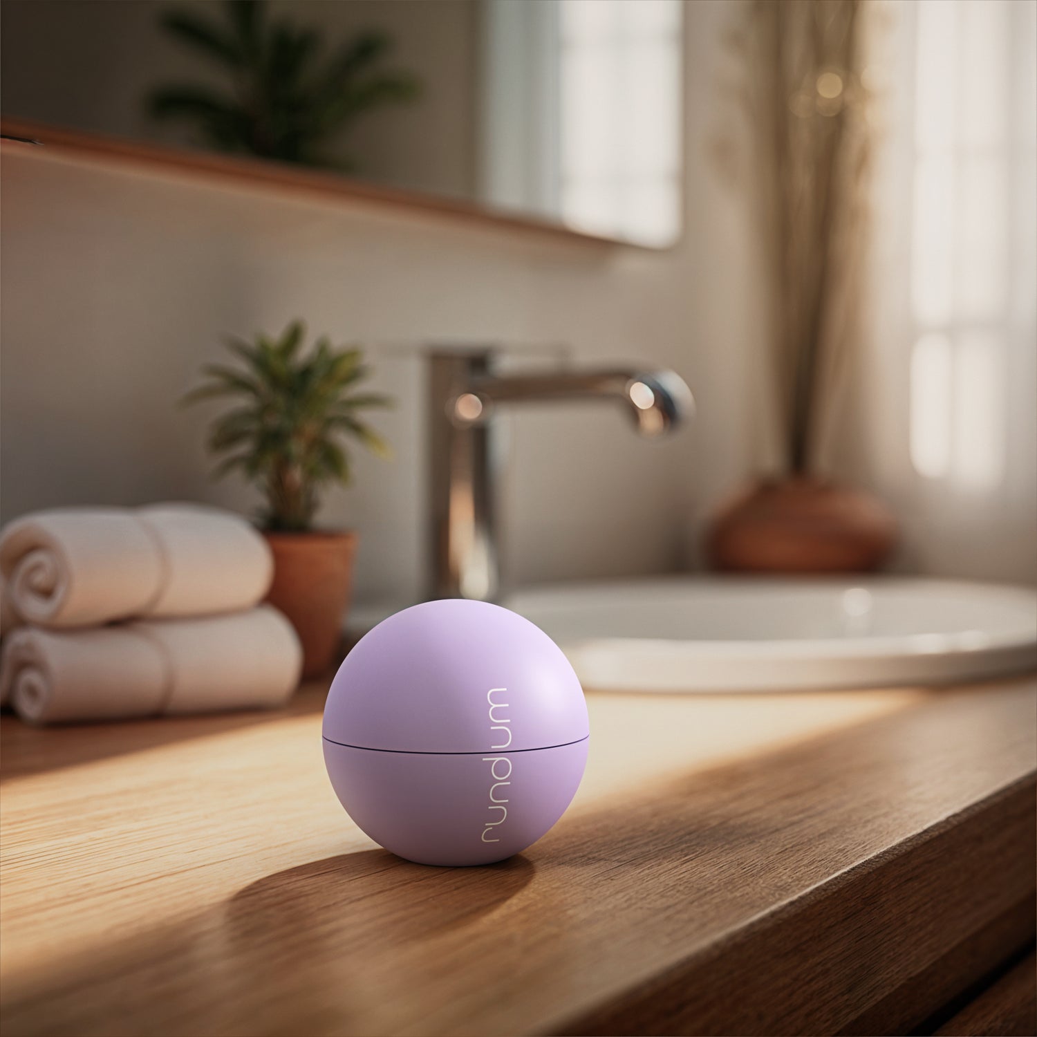 Hellviolette Kugel der Marke rundum auf einem Holzwaschtisch im Badezimmer mit Handtüchern und Pflanze im Hintergrund