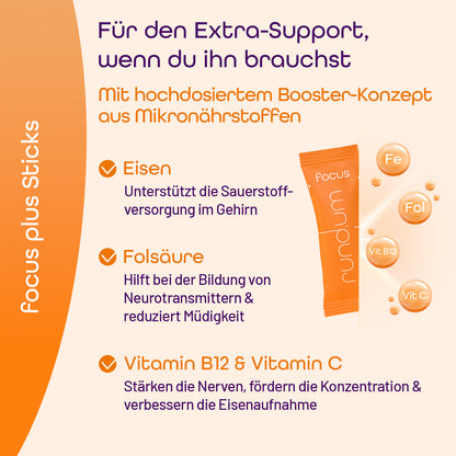 Inhaltsstoffe von den rund.um focus sticks mit EIsen, Folsäure, Vitamin B12 &amp; Vitamin C