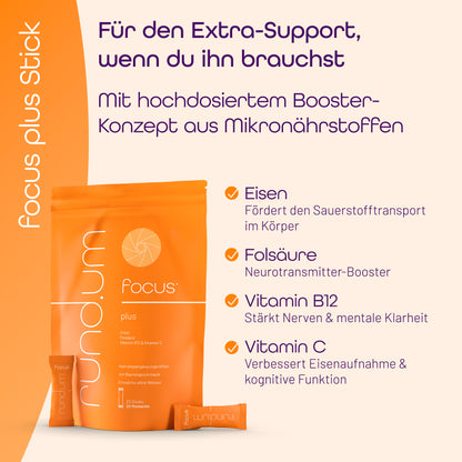 Inhaltsstoffe von den rund.um focus sticks mit EIsen, Folsäure, Vitamin B12 &amp; Vitamin C