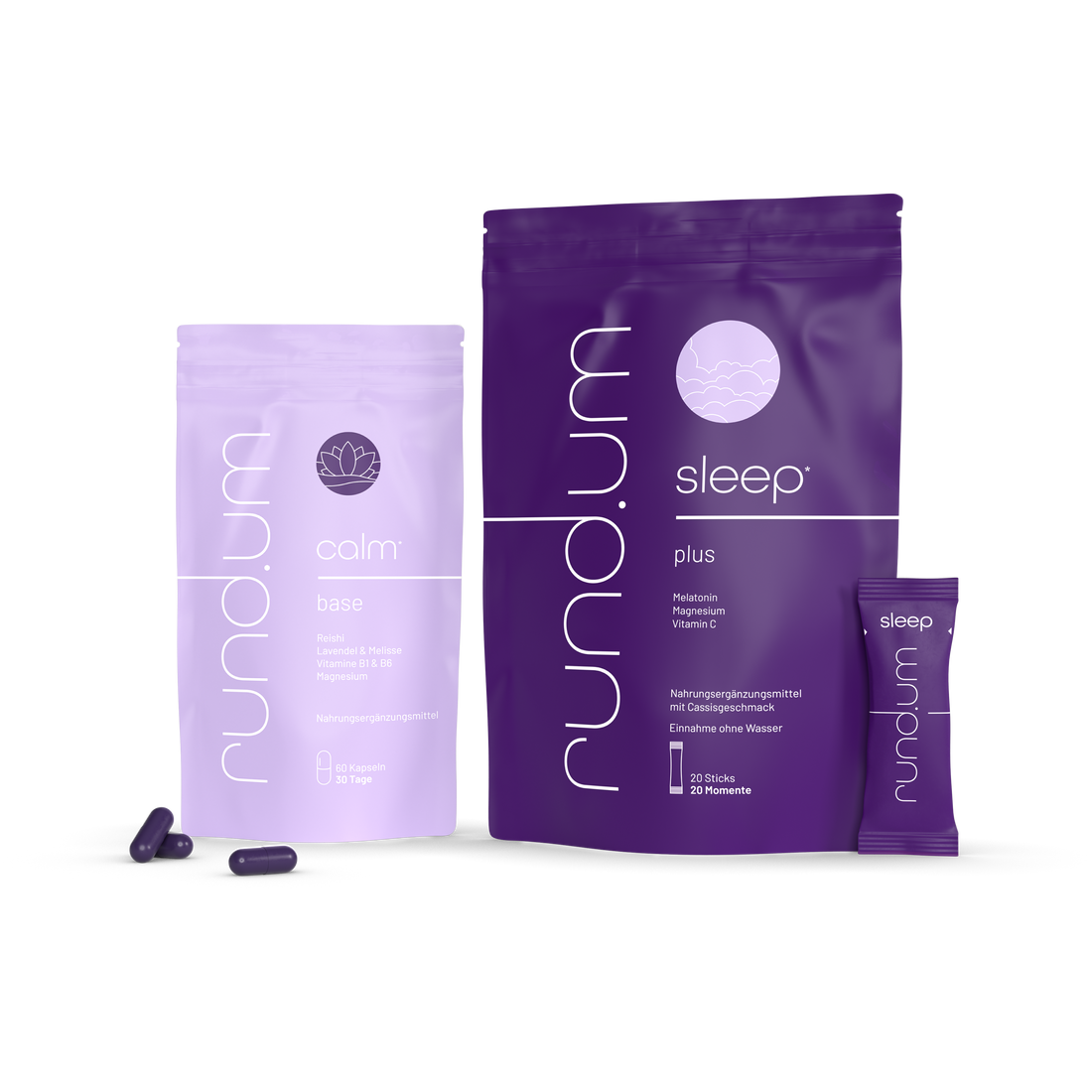Verpackung von Nahrungsergänzungsmitteln der Marke „rundum“: Links „calm base“ in hellvioletter Verpackung für Entspannung, rechts „sleep plus“ in dunkellila Verpackung mit Stick-Packungen für Schlafunterstützung.