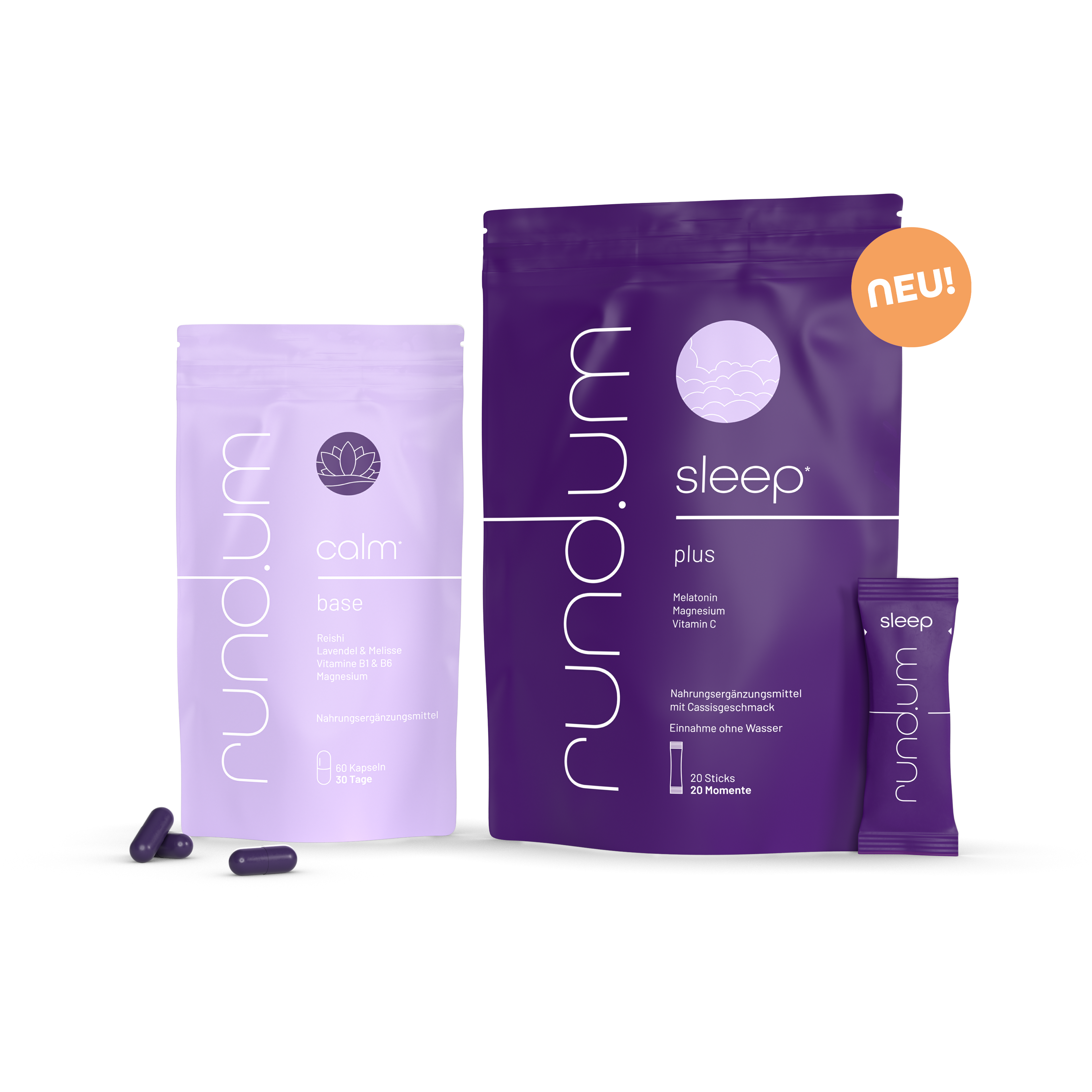 Verpackung von Nahrungsergänzungsmitteln der Marke „rundum“ links „calm base“ in einer hellvioletten Verpackung, rechts „sleep plus“ in einer dunkellila Verpackung mit der Aufschrift „NEU!“ Produkte für Entspannung und Schlaf.