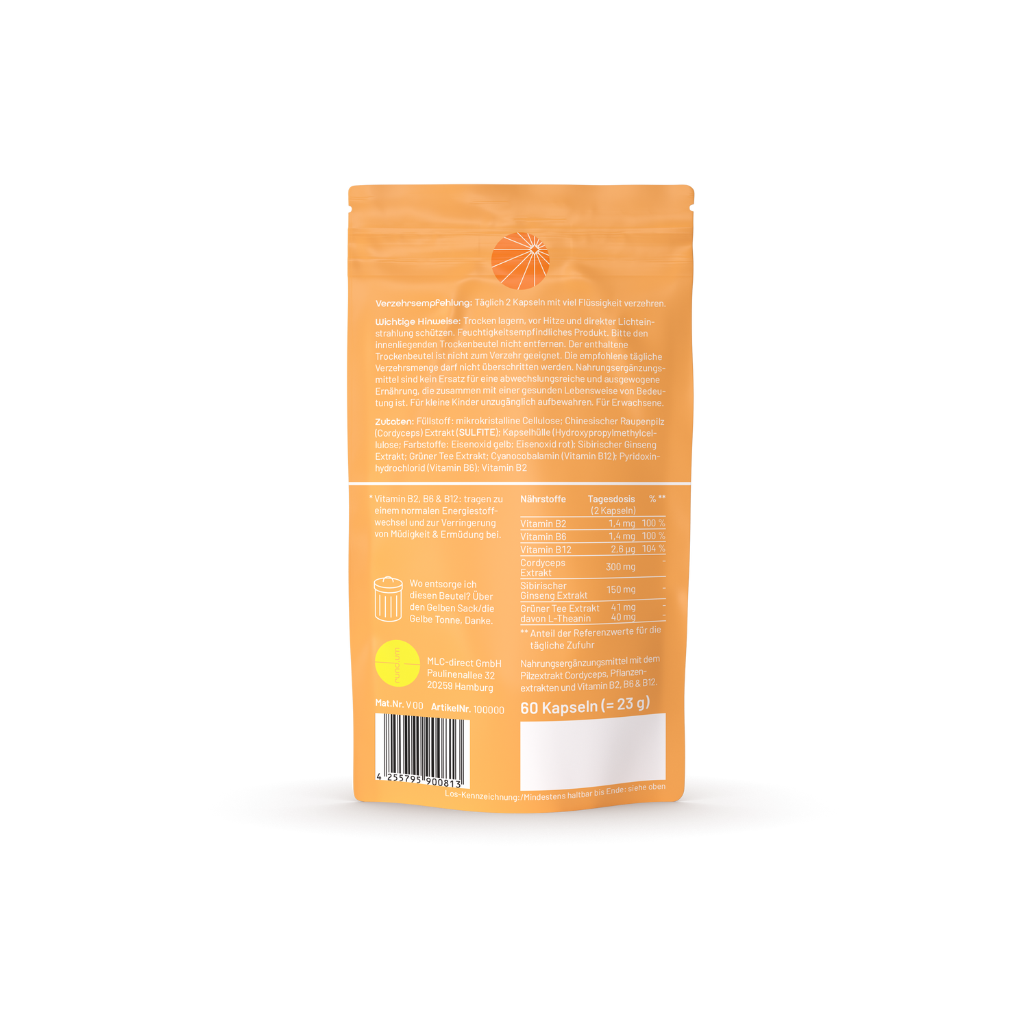 Rückseite von rund.um® energy - Nahrungsergänzungsmittel mit Cordyceps gegen Müdigkeit und Erschöpfung