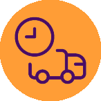 orangenes Icon für Versandzeit mit lila LKW & Uhr drauf