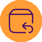 orangenes Icon für Rückgaberecht, mit lila Paket drauf