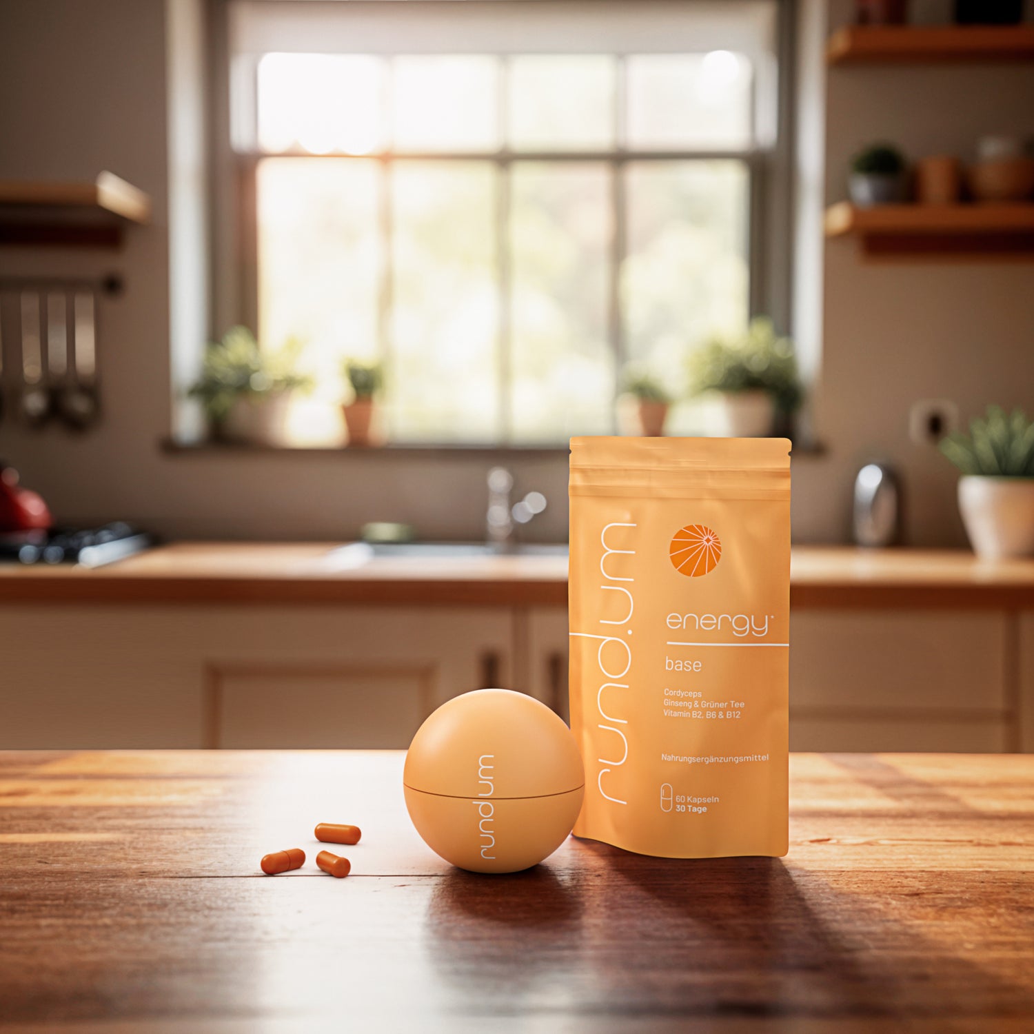 rund.um energy base und Kugel stehen in der Küche