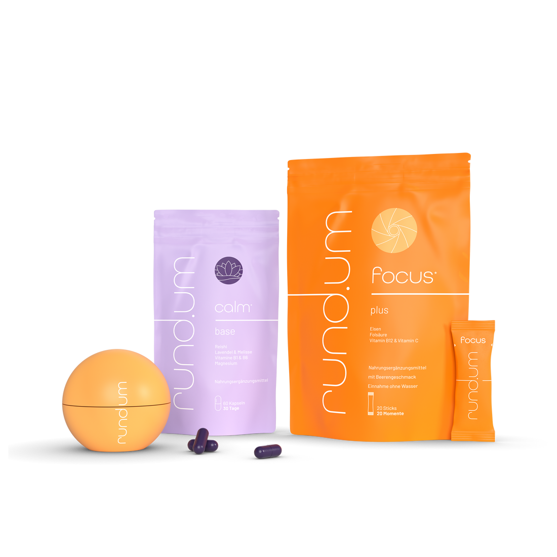 rund.um calm base Kapseln mit der energy Kugel und den focus plus sticks
