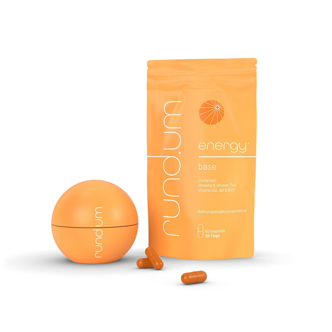 Vorderseite des energy small bundles mit der energy Kugel und den energy base kapseln