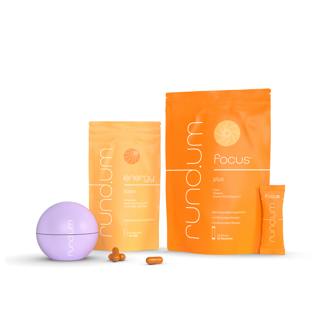 rund.um energy base Kapseln mit der calm Kugel und den focus plus sticks